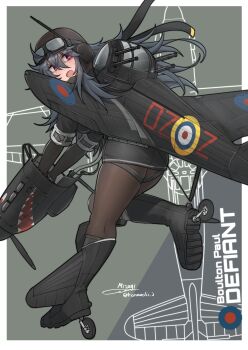 1girl absurdres aircraft aircraft_turret airplane black_boots black_skirt blueprint_background boots border elbow_gloves english_text gloves goggles goggles_on_headwear grey_hair helmet highres long_hair mecha_musume military military_vehicle nose_art open_mouth original pantyhose personification pilot_helmet propeller roundel shark_nose_art short_sleeves signature skirt solo teisei_misagi vehicle_and_personification white_border