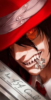 1boy alucard_(hellsing) brown_hair casull_(hellsing) close-up collared_shirt commentary_request cross fang grey-framed_eyewear gums gun hair_between_eyes hat hellsing highres male_focus necktie orange-tinted_eyewear orange_eyes partially_shaded_face red_hat red_necktie sharp_teeth shirt smile teeth tinted_eyewear weapon wide_brim zonotaida