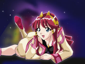 00s 1girl :d ass back blue_eyes blush boots breasts crop_top dita_liebely female_focus from_behind hair_ornament hair_ribbon hal-py high_heel_boots high_heels impossible_clothes jacket jewelry knee_boots large_breasts long_hair looking_at_viewer lying miniskirt necklace on_stomach open_clothes open_jacket open_mouth pendant red_hair ribbon shiny_skin shoes skin_tight skirt smile solo vandread very_long_hair wide_sleeves