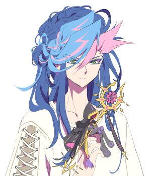 1girl 1other ai_(yu-gi-oh!) black_cloak black_hood braid cloak colored_bangs crossed_arms crossed_legs expressionless eyes_visible_through_hair facing_to_the_side fujiki_yusaku fur-trimmed_cloak fur_trim genderswap genderswap_(mtf) green_eyes hair_between_eyes hair_up highres holding holding_mini_person holding_staff hood hood_up humanoid_robot lace-trimmed_sleeves lace_trim long_hair looking_at_viewer mini_person ponytail robot side_braid single_braid sitting_on_hand spiked_hair staff sweater upper_body white_sweater yu-gi-oh! yu-gi-oh!_vrains zackpyo