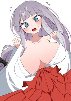 1girl absurdres areola_slip bare_shoulders black_bow blue_eyes blunt_bangs blush bow breasts breasts_apart bursting_breasts cleavage collarbone commentary_request covered_erect_nipples dutch_angle flustered flying_sweatdrops from_below hair_bow hakama hakama_skirt head_tilt highres huge_breasts japanese_clothes kosode long_hair long_sleeves looking_at_viewer loose_hair_strand miko oimotororo1116 open_clothes open_mouth original purple_hair red_hakama skirt solo sweat tachibana_(oimotororo1116) thick_eyelashes upper_body very_long_hair white_kosode wide_sleeves