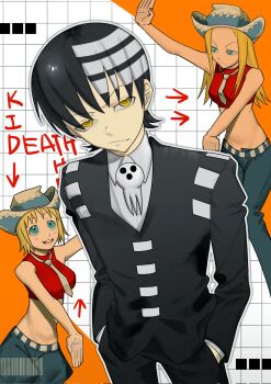 Rule 34 | 1boy, 2girls, black hair, black jacket, black pants, blonde hair, blue eyes, blue pants, catfish05, character name, closed mouth, cowboy hat, death the kid, elizabeth thompson, grid background, hands in pockets, hashtag-only commentary, hat, highres, jacket, long hair, long sleeves, looking at viewer, multiple girls, necktie, open mouth, pants, patricia thompson, short hair, siblings, simple background, sisters, skull brooch, smile, soul eater, standing, striped hair, white background, white necktie, yellow eyes