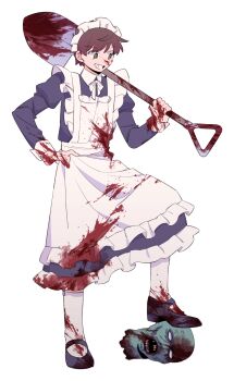 Rule 34 | 1boy, alternate costume, animification, apron, black dress, black shoes, blood, blood on clothes, brown hair, commentary request, crossdressing, crossdressing (mtf), decapitation, dress, edd (eddsworld), eddsworld, enmaided, green eyes, grin, highres, holding, holding shovel, juliet sleeves, long sleeves, maid, maid headdress, male focus, male maid, mjsc 10, puffy sleeves, shoes, short hair, shovel, smile, socks, solo, white apron, white socks, zombie