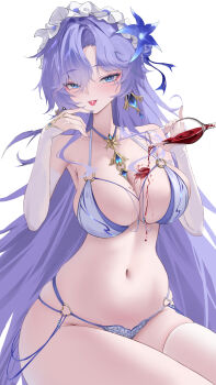 1girl :p absurdres blue_eyes blue_flower blush bra breasts cantarella_(wuthering_waves) cleavage commentary cup drinking_glass earrings facial_mark fingernails flower groin hair_between_eyes hair_flower hair_ornament hand_up highres holding holding_cup jewelry large_breasts long_fingernails long_hair looking_at_viewer mark_under_eye mole mole_under_eye nail_polish navel panties pouring pouring_onto_self purple_bra purple_hair purple_nails purple_panties qingmangzi simple_background single_thighhigh skindentation solo stomach tacet_mark_(wuthering_waves) thighhighs thighs tongue tongue_out underwear very_long_hair white_background white_thighhighs wuthering_waves