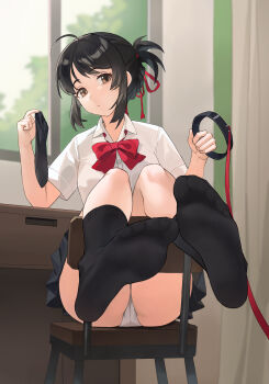 1girl absurdres bare_legs black_hair black_socks blue_skirt bow bowtie brown_eyes chair chuck_(harfmoondark) feet foot_focus full_body hair_ribbon highres kimi_no_na_wa. miyamizu_mitsuha no_shoes panties red_bow red_bowtie red_ribbon ribbon shirt skirt socks soles solo string toes underwear white_panties white_shirt