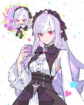 1girl ascot bow bowtie breast_curtains can center_frills chibi closed_mouth commentary drill_hair duetrofl english_commentary frills gem hairband heart highres holding holding_can long_hair looking_at_viewer mole mole_under_eye pointy_ears polka_dot polka_dot_background purple_ascot purple_bow purple_bowtie purple_gemstone purple_hair purple_hairband red_eyes shrug_(clothing) sideboob_cutout solo star_(symbol) vivian_banshee white_background white_shrug zenless_zone_zero