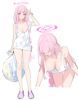 1girl :o alternate_costume bag blue_archive blush breasts cleavage collarbone crocs eimi_(blue_archive) halo hand_up holding holding_bag large_breasts leaning_forward long_hair looking_at_viewer multiple_views no_bra no_pants open_mouth pink_eyes pink_hair pink_halo plastic_bag popqn simple_background standing strap_slip tank_top thighs v white_background white_tank_top