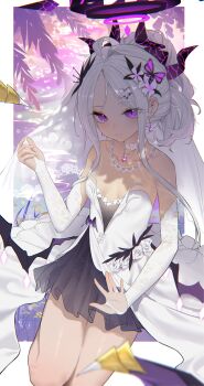1girl absurdres ahoge alternate_costume black_halo black_horns black_skirt black_wings blue_archive breasts bride butterfly_hair_ornament cleavage closed_mouth commentary detached_sleeves earrings fangfangtu flower hair_ornament hairclip halo heart heart_necklace highres hina_(blue_archive) horns jewelry long_hair looking_at_viewer necklace purple_eyes rose skirt small_breasts smile solo thighs white_flower white_hair white_rose white_sleeves wings