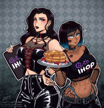 2girls abs artist_name asami_sato avatar_legends belt belt_buckle blueberry bluesky_username bracelet breasts buckle choker cowboy_shot dark-skinned_female dark_skin earrings eyebrow_piercing face_piercing femboy_hooters_(meme) food fruit goth_fashion highres holding holding_plate iahfy jewelry korra lipstick_mark long_hair looking_at_viewer medium_breasts meme multiple_girls navel navel_piercing necklace pancake pancake_stack panties patreon_username piercing plate short_hair spiked_bracelet spikes strawberry the_legend_of_korra underwear watermark