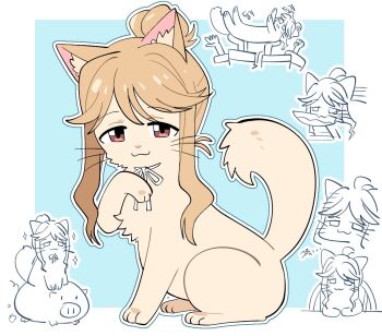 :3 animal animal_focus animalization blue_background border brown_cat brown_eyes brown_hair cat closed_mouth full_body hair_bun idolmaster idolmaster_million_live! looking_at_viewer millcookie_pro neck_ribbon outline pig ribbon sidelocks simple_background single_hair_bun sitting smug solo_focus tenkuubashi_tomoka white_border white_outline white_ribbon