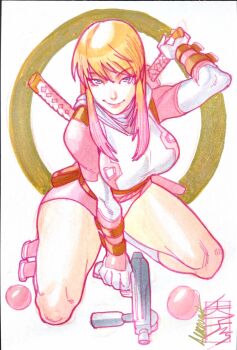 1girl acecore2k blonde_hair blue_eyes breasts commentary commission deadpool_(series) english_commentary gloves gradient_hair gun gwenpool highres holding holding_gun holding_weapon hooded_leotard katana kneeling large_breasts leotard long_hair looking_at_viewer marker_(medium) marvel multicolored_hair multicolored_leotard pen_(medium) pink_hair pink_leotard pink_lips smile solo superhero_costume sword sword_on_back traditional_media two-tone_leotard weapon weapon_on_back white_background white_gloves white_leotard
