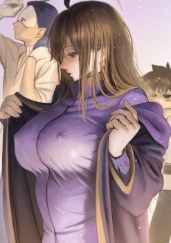1girl 2boys ahoge blush breasts brown_hair commentary_request covered_erect_nipples dress eye_mask gloves highres hot izawa_(bhive003) kono_subarashii_sekai_ni_shukufuku_wo! large_breasts looking_at_another mask multiple_boys nose purple_dress purple_robe robe satou_kazuma shirt sweat sweaty_clothes vanir very_sweaty white_gloves white_shirt wiz_(konosuba)