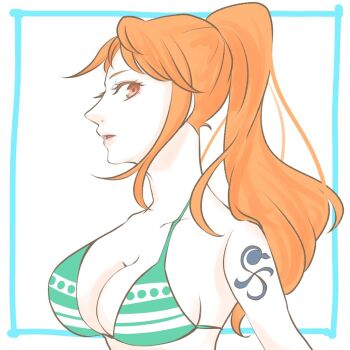 1girl arm_tattoo ashako_sub2 bikini bikini_top_only commentary_request eyelashes looking_at_viewer nami_(one_piece) one_piece orange_eyes orange_hair ponytail sidelocks simple_background solo swimsuit tattoo upper_body white_background