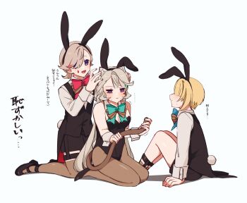 ... 1girl 2boys :d animal_ear_fluff animal_ear_hairband animal_ears aqua_bow aqua_bowtie aqua_streaks black_hairband black_leotard black_shoes black_shorts black_vest blonde_hair blush bow bowtie braid brother_and_sister brothers brown_bow brown_bowtie brown_pantyhose brown_thighhighs cat_ears cat_girl cat_tail closed_mouth coattails collared_shirt commentary_request detached_collar facial_mark fake_animal_ears fake_tail freminet_(genshin_impact) genshin_impact grey_hair hair_between_eyes hairband hands_up high_heels highleg highleg_leotard highres holding_own_tail kneeling knees_up leotard long_hair long_sleeves lynette_(genshin_impact) lyney_(genshin_impact) male_playboy_bunny multicolored_hair multiple_boys nekorin_chu open_mouth pantyhose parted_bangs playboy_bunny profile purple_eyes rabbit_boy rabbit_ear_hairband rabbit_ears rabbit_girl rabbit_tail red_bow red_bowtie red_streaks seiza shirt shoes short_hair short_shorts shorts siblings sidelocks simple_background single_braid sitting smile star_(symbol) star_facial_mark strapless strapless_leotard streaked_hair sweatdrop swept_bangs tail tailcoat teardrop_facial_mark thigh_strap thighhighs translation_request very_long_hair vest white_background white_shirt wing_collar wrist_cuffs