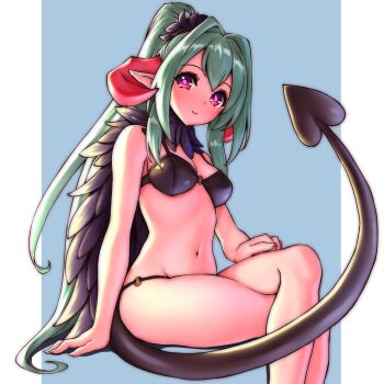 1girl bikini black_bikini bochi_(yamakan) breasts commentary_request crossed_legs demon_girl demon_tail green_hair highres horns long_hair looking_at_viewer navel original pink_eyes pointy_ears sitting small_breasts smile solo swimsuit tail