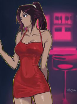 artist_name bare_shoulders bleach breasts closed_mouth collarbone dark-skinned_female dark_skin dress hair_ornament highres large_breasts long_hair p_glansk ponytail purple_hair red_dress shihouin_yoruichi shiny_skin standing yellow_eyes