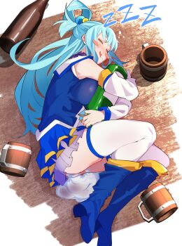 1girl absurdres aqua_(konosuba) bare_shoulders beer_mug blue_boots blue_hair blue_shirt blue_skirt blue_thighhighs blush blush_stickers boots bottle bow bowtie breasts commentary_request cum cum_in_ass cum_in_pussy cum_overflow cup detached_sleeves green_bow green_bowtie hair_ornament hair_rings highres hugging_object kono_subarashii_sekai_ni_shukufuku_wo! large_breasts long_hair mug re:ankh sake_bottle shirt single_hair_ring skirt sleeping smile solo thigh_boots thighhighs zzz