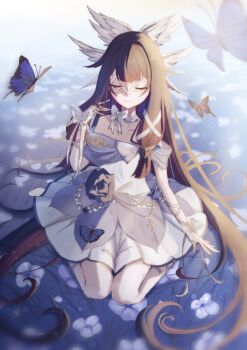 1girl absurdres alternate_costume bare_shoulders black_hair bow bug butterfly closed_eyes closed_mouth collarbone columbina_(genshin_impact) commentary dress eye_mask flower genshin_impact hair_ribbon head_wings highres insect long_hair mask multicolored_hair off-shoulder_dress off_shoulder pink_hair ribbon rin_bina sidelocks sitting smile solo two-tone_hair very_long_hair wariza white_bow white_dress white_ribbon white_wings wings