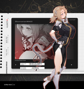 1girl blonde_hair blue_eyes breasts cable cable_tail chinese_commentary commentary_request crop_top crop_top_overhang cropped_jacket cross-laced_slit cyborg different_zoom_layer english_text foot_out_of_frame from_side gebijiade_89 hand_on_own_chin highres huge_breasts joints leg_up mechanical_arms mechanical_legs mechanical_tail medium_hair original outside_border ponytail robot_joints short_ponytail stroking_own_chin tail zoom_layer