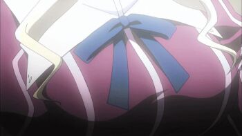 1boy 1girl animated animated_gif anime_screenshot ass blonde_hair breasts brown_hair clothed_male_nude_female completely_nude elizabeth_mably freezing_(series) from_behind kneepits large_breasts legs long_hair long_legs nipples nude pool poolside profile school_uniform shiny_skin standing stitched thighs third-party_edit undressing