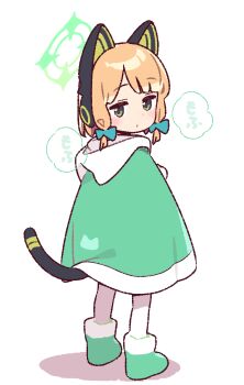 1girl animal_ear_headphones animal_ears aqua_bow blonde_hair blue_archive blue_bow blush boots bow breath cat_ear_headphones cat_ears cat_tail cloak closed_mouth commentary_request fake_animal_ears fake_tail from_behind full_body fur-trimmed_boots fur-trimmed_cloak fur_trim green_boots green_cloak green_eyes green_halo hair_bow halo headphones highres hood hood_down looking_at_viewer looking_back low-tied_sidelocks midori_(blue_archive) pantyhose sidelocks simple_background solo standing tail white_background white_pantyhose yoru_nai