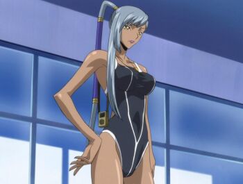 1girl breasts code_geass competition_swimsuit curvy dark-skinned_female dark_skin large_breasts long_hair one-piece_swimsuit ponytail screencap shiny_skin silver_hair single_vertical_stripe solo swimsuit third-party_edit villetta_nu wide_hips yellow_eyes