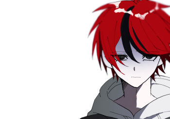 1boy black_eyes black_hair closed_mouth commentary_request drawstring grey_jacket hair_between_eyes highres hood hood_down hoodie jacket jacket_over_hoodie looking_at_viewer male_focus multicolored_hair one_eye_closed oniku_(3_tg_a) portrait red_hair shaded_face short_hair simple_background solo streaked_hair sumino_takumi the_hundred_line_-last_defense_academy- two-tone_hair white_background white_hoodie
