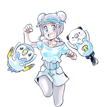 Rule 34 | 1girl, :d, bettie (pokemon), blue shirt, blush, clenched hands, commentary request, double bun, gen 4 pokemon, gen 5 pokemon, hair bun, hand up, happy, leg up, leggings, looking at viewer, nintendo, off-shoulder shirt, off shoulder, open mouth, oshawott, piplup, pokemon, pokemon (creature), pokemon masters ex, shirt, shorts, sidelocks, simple background, smile, u4 99384295, undershirt, visor cap, white background