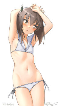 1girl arms_up bikini bob_cut brown_eyes brown_hair commentary_request cosplay cowboy_shot dated flat_chest headgear inverted_bob kantai_collection looking_at_viewer lowleg lowleg_bikini one-hour_drawing_challenge ray.s sailor_bikini sailor_collar side-tie_bikini_bottom simple_background solo swimsuit taihou_(kancolle) twitter_username white_background white_bikini white_sailor_collar z3_max_schultz_(kancolle) z3_max_schultz_(kancolle)_(cosplay) z3_max_schultz_(swimsuit)_(kancolle)