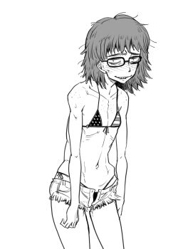 1girl american_flag american_flag_bikini american_flag_print bare_arms bare_shoulders bikini bikini_under_clothes body_freckles borrowed_character commentary cowboy_shot denim denim_shorts flag_print flag_print_bikini flat_chest freckles glasses greyscale highres looking_at_viewer micro_shorts monochrome navel neet_girl_(baalbuddy) open_clothes open_fly open_shorts original print_bikini ribs sanpaku short_hair shorts simple_background sketch skinny solo swimsuit torn_clothes torn_shorts unkempt white_background yamada_shiguma