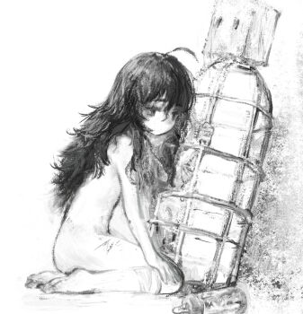 1girl baby_bottle bandaged_leg bandages bare_arms bare_back bare_hips bare_legs bare_pectorals bare_shoulders barefoot bottle chunkyeggy commentary cuts english_commentary feet greyscale hair_flaps highres injury leaning_forward leaning_on_object loli long_hair monochrome no_mouth nude oil_painting_(medium) on_floor painting_(medium) pectorals seiza sitting traditional_media