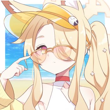 1girl absurdres animal_ears bare_shoulders beach blonde_hair blue_archive breasts closed_mouth collarbone commentary covered_navel forehead fox_ears fox_girl hair_over_one_eye halo highres jacket long_hair looking_at_viewer official_alternate_costume official_alternate_hairstyle one-piece_swimsuit pink_eyes seia_(blue_archive) seia_(swimsuit)_(blue_archive) small_breasts solo sunglasses swimsuit torasanth upper_body very_long_hair visor_cap white_one-piece_swimsuit yellow_halo yellow_jacket