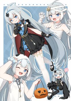 1girl absurdres adapted_costume ahoge black_cape black_dress black_gloves black_shoes blue_dress blue_eyes blue_hairband camisole cape checkered_clothes checkered_dress checkered_hairband chess_piece chibi claw_pose coat_dress commentary_request dress evil_smile extra_pupils fang female_tyrant_(stella_sora) frilled_dress frilled_gloves frills ghost_costume gloves grey_hair hair_ornament hairband halloween halloween_costume highres holding holding_unworn_clothes jack-o&#039;-lantern jewelry kafuukamiya kazusa_(blue_archive) kazusa_(halloween)_(blue_archive) key key_necklace layered_dress multiple_views mummy_costume necklace official_alternate_costume one_eye_closed open_mouth pajamas pointy_ears shaded_face shoes skin_fang sleeveless sleeveless_dress smile solid_eyes spoken_blush stella_sora thighhighs tsurime tyrant_(stella_sora) v-shaped_eyebrows white_camisole white_thighhighs