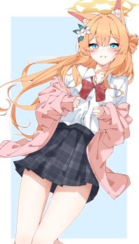 Rule 34 | 1girl, absurdres, animal ears, black skirt, blue archive, blue eyes, blush, casual, clothes pull, commentary request, flower, grin, hair between eyes, hair flower, hair ornament, halo, happy, highres, jacket, jacket pull, kabocya na, long hair, mari (blue archive), miniskirt, off shoulder, one ear down, open clothes, open jacket, orange hair, pink jacket, plaid clothes, plaid skirt, pleated skirt, shirt, skirt, smile, solo, standing, standing on one leg, thighs, very long hair, white flower, white shirt, yellow halo