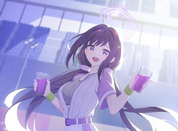 1girl baseball_jersey belt black_hair blue_archive breasts collarbone cup disposable_cup drink game_cg grey_sports_bra gulim hair_ornament halo highres holding holding_cup jersey long_hair looking_at_viewer low_twintails official_art open_clothes open_mouth purple_belt purple_eyes purple_halo purple_liquid purple_scrunchie scrunchie shirt short_sleeves smile solo sports_bra sportswear striped_clothes sumire_(blue_archive) sumire_(part-time)_(blue_archive) sweat twintails upper_body vertical-striped_clothes very_long_hair wristband