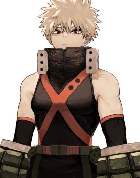 Rule 34 | 1boy, bakugou katsuki, bare shoulders, belt, black pants, blonde hair, bn 56s, boku no hero academia, buckle, closed mouth, collared shirt, cowboy shot, detached sleeves, dot nose, explosive, facial scar, grenade, hair between eyes, highres, light smile, looking at viewer, male focus, pants, parted bangs, red eyes, scar, scar on cheek, scar on face, shirt, short hair, simple background, sleeveless, sleeveless shirt, snap-fit buckle, solo, spiked hair, superhero costume, white background