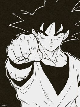 1boy artist_name black_background clenched_hand closed_mouth dougi dragon_ball dragonball_z hand_up highres male_focus medium_hair monochrome naouuma_art orange_shirt saiyan shirt simple_background solo son_goku spiked_hair toriyama_akira_(style) upper_body wrist_cuffs