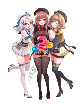 Rule 34 | 3girls, ahoge, anis (nikke), beret, black choker, black gloves, black headwear, black jacket, black shirt, black shorts, black thighhighs, blue neckerchief, blue one-piece swimsuit, boots, breasts, brown eyes, brown hair, choker, cleavage, collared shirt, crop top, cropped jacket, full body, fummy, glasses, gloves, goddess of victory: nikke, green eyes, grey shirt, grin, hair between eyes, hat, high heel boots, high heels, highres, jacket, large breasts, light brown hair, long hair, looking at viewer, multicolored jacket, multiple girls, neckerchief, necktie, neon (nikke), one-piece swimsuit, one eye closed, orange eyes, orange jacket, rapi (nikke), red-framed eyewear, red jacket, red necktie, shirt, short hair, short shorts, shorts, simple background, skindentation, skirt, smile, standing, standing on one leg, swimsuit, swimsuit under clothes, thigh boots, thigh strap, thighhighs, two-sided fabric, two-sided jacket, two-tone jacket, v, white background, white hair, white skirt, white thighhighs