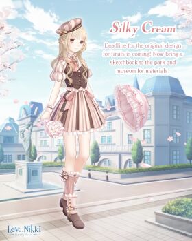 1girl ankle_socks artist_request beret blonde_hair blue_sky blunt_bangs boots bouquet bow bowtie brown_boots brown_bow brown_eyes brown_vest bush buttons character_name cherry_blossoms closed_mouth cloud collared_shirt copyright_logo day dot_nose english_text eyelashes flower frilled_boots frilled_skirt frilled_socks frilled_umbrella frilled_vest frilled_wrist_cuffs frills full_body happy hat hat_bow holding holding_bouquet holding_umbrella knees light_blush logo lolita_fashion long_hair long_sidelocks mansion miniskirt miracle_nikki multicolored_boots nikki_(series) official_art outdoors outline parasol path petals pink_boots pink_bow pink_bowtie pink_flower pink_hat pink_skirt pink_socks pink_umbrella pink_wrist_cuffs plaid_bow plaid_bowtie plaid_clothes pleated_skirt puffy_short_sleeves puffy_sleeves road shirt short_sleeves sidelocks silky_syrup_(miracle_nikki) single_stripe skirt sky smile socks solo spring_(season) standing statue striped_bow striped_clothes striped_headwear striped_shirt striped_skirt striped_socks tareme third-party_source tree two-tone_boots umbrella vertical-striped_clothes vertical-striped_headwear vertical-striped_shirt vertical-striped_skirt vertical-striped_socks vest wavy_hair white_outline white_shirt wrist_cuffs