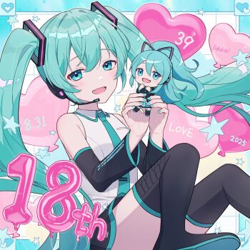 Rule 34 | 2025, 2girls, 39, aqua eyes, aqua hair, aqua nails, aqua necktie, aqua skirt, aqua trim, ashika (yftcc948), balloon, bare shoulders, black skirt, black sleeves, blush, breasts, chibi, collared shirt, commentary, detached sleeves, hair between eyes, hair ornament, happy birthday, hatsune miku, hatsune miku (if), heart balloon, highres, holding, long hair, long sleeves, looking at viewer, mini person, minigirl, miniskirt, multiple girls, necktie, number balloon, open mouth, pleated skirt, shirt, skirt, sleeveless, sleeveless shirt, small breasts, smile, twintails, very long hair, vocaloid, white shirt, wide sleeves