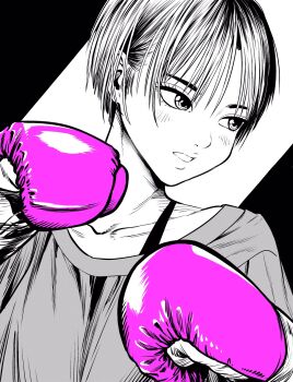 Rule 34 | 1girl, boxing, boxing gloves, bra strap, collarbone, commentary request, dutch angle, gloves, greyscale, hair behind ear, hatching (texture), highres, lee (dragon garou), light blush, linear hatching, looking to the side, monochrome, original, pink gloves, short hair, solo, spot color, upper body