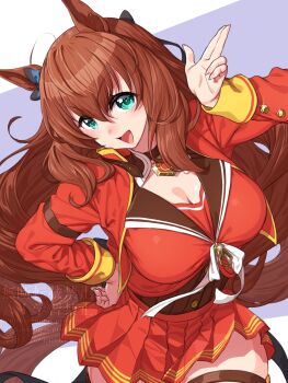 1girl :d animal_ears aqua_eyes arm_strap blue_background blue_bow bow breasts brown_hair cleavage cowboy_shot cropped_jacket ear_bow hair_between_eyes hand_on_own_hip highres horse_ears horse_girl horse_tail jacket large_breasts long_hair long_sleeves looking_at_viewer maruzensky_(formula_r)_(umamusume) maruzensky_(umamusume) onsoku_inu open_clothes open_jacket open_mouth pleated_skirt red_serafuku red_skirt school_uniform serafuku simple_background skirt smile solo tail thigh_strap umamusume watermark white_background