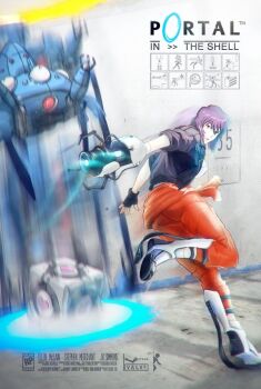 1girl aperture_science aperture_science_advanced_knee_replacement aperture_science_handheld_portal_device box_art breasts crossover fake_box_art falling fingerless_gloves ghost_in_the_shell ghost_in_the_shell:_stand_alone_complex gloves jacket kan-z-z-z-aki kusanagi_motoko portal portal_(series) portal_1 portal_2 purple_hair red_eyes short_hair tachikoma aperture_science_weighted_companion_cube