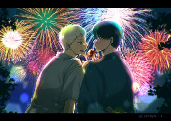 Rule 34 | 2boys, alternate costume, black hair, blush, candy apple, closed mouth, eye contact, fireworks, food, from behind, grey eyes, highres, hikaru ga shinda natsu, holding, holding candy apple, holding food, indou hikaru, japanese clothes, letterboxed, looking at another, male focus, mole, mole on cheek, mole under mouth, multiple boys, multiple moles, night, open mouth, outdoors, sasaya, short eyebrows, short hair, slit pupils, tsujinaka yoshiki, twitter username, upper body, white hair, yaoi