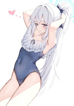 1girl absurdres april_aries armpits blue_archive blue_halo blue_one-piece_swimsuit casual_one-piece_swimsuit commentary_request covered_navel frilled_one-piece_swimsuit frills halo heart highres miyako_(blue_archive) miyako_(swimsuit)_(blue_archive) off-shoulder_one-piece_swimsuit off_shoulder official_alternate_costume one-piece_swimsuit simple_background solo swimsuit two-tone_one-piece_swimsuit white_background