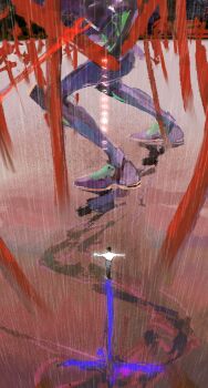 1boy absurdres armor black_hair black_pants character_name copyright_name cross different_reflection eva_01 evangelion_(mecha) faux_traditional_media film_grain highres hj_hikari0606 ikari_shinji impressionism lance_of_longinus_(evangelion) neon_genesis_evangelion outstretched_arms pants purple_armor rain reflection reflective_floor reflective_liquid shirt short_hair white_shirt