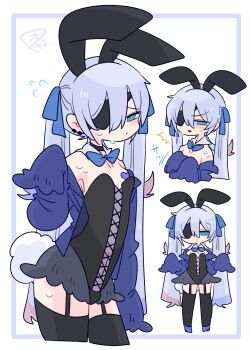 1boy :/ ^^^ animal_ear_hairband animal_ears arched_back armpits bare_shoulders black_choker black_hairband black_leotard black_thighhighs blue_bow blue_bowtie blue_cardigan blue_eyes blue_hair blue_shoes blush bow bowtie bulge cardigan choker closed_mouth collarbone colored_tips commentary cowboy_shot crossdressing crossdressing_(mtf) detached_collar double-parted_bangs earclip embarrassed expressionless eyepatch fake_animal_ears fake_tail flipped_hair flying_sweatdrops full_body furrowed_brow garter_straps grey_skirt hair_between_eyes hair_bow hair_intakes hairband hand_up hands_up heart_pasties highres leaning_forward leotard long_hair long_sleeves looking_at_viewer male_focus male_playboy_bunny miniskirt multicolored_hair multiple_views narrowed_eyes navel no_nose off_shoulder one_eye_covered op_na_yarou open_cardigan open_clothes original parted_lips pasties playboy_bunny quad_tails rabbit_ear_hairband rabbit_ears rabbit_tail red_hair rigel_(op_na_yarou) shoes sidelocks simple_background skirt sleeves_past_fingers sleeves_past_wrists standing straight_hair strapless strapless_leotard sweat tail thighhighs thighs trap upper_body very_long_hair watermark white_background white_hair