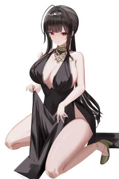 Rule 34 | 1girl, absurdres, ahoge, bare shoulders, black dress, blunt bangs, breasts, brown hair, chinese commentary, cleavage, closed mouth, commentary, dress, dsr-50 (girls' frontline), dsr-50 (highest bid) (girls' frontline), earrings, evening gown, full body, gem, girls' frontline, gold shoes, hair intakes, high heels, highres, jewelry, large breasts, long hair, looking at viewer, necklace, no bra, official alternate costume, red eyes, red gem, shoes, side slit, sidelocks, simple background, sleeveless, sleeveless dress, smile, solo, squatting, thighs, very long hair, white background, youyo