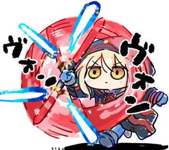 Rule 34 | 1girl, artoria pendragon (fate), black jacket, blonde hair, blue gloves, blush, chibi, closed mouth, commentary request, energy sword, fate/grand order, fate (series), gloves, grey shoes, hair between eyes, holding, holding weapon, hood, hood up, hooded jacket, jacket, kasuga yuuki, lightsaber, mysterious heroine x alter (fate), orange eyes, running, shadow, shoe soles, shoes, solo, spinning weapon, sword, translation request, v-shaped eyebrows, weapon, white background