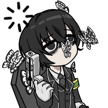 1boy animal_print armband bags_under_eyes black_butterfly black_coat black_eyes black_hair black_necktie black_suit black_vest bug butterfly butterfly_on_head butterfly_on_nose chibi chibi_only coat coffin collared_shirt crossed_bangs double-parted_hair e.g.o_(project_moon) formal_clothes gloves green_armband insect limbus_company loading_icon looking_at_animal lowres male_focus necktie project_moon shirt solemn_lament_(e.g.o) solo suit upper_body vest white_background white_butterfly white_gloves white_shirt xiaonuobright yi_sang_(project_moon)
